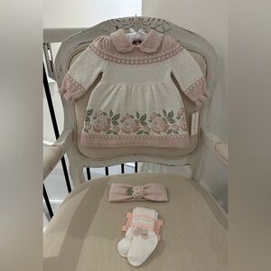 🩰 0~3 Mth Cupcakes & Cashmere Pink and White Knit Roses & Bow Baby Set NWT